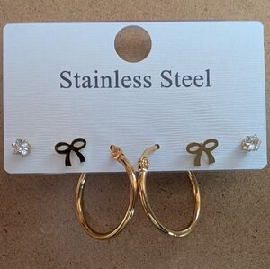 Stainless Steel Gold Bow Hoop Earrings with Crystal Studs Set